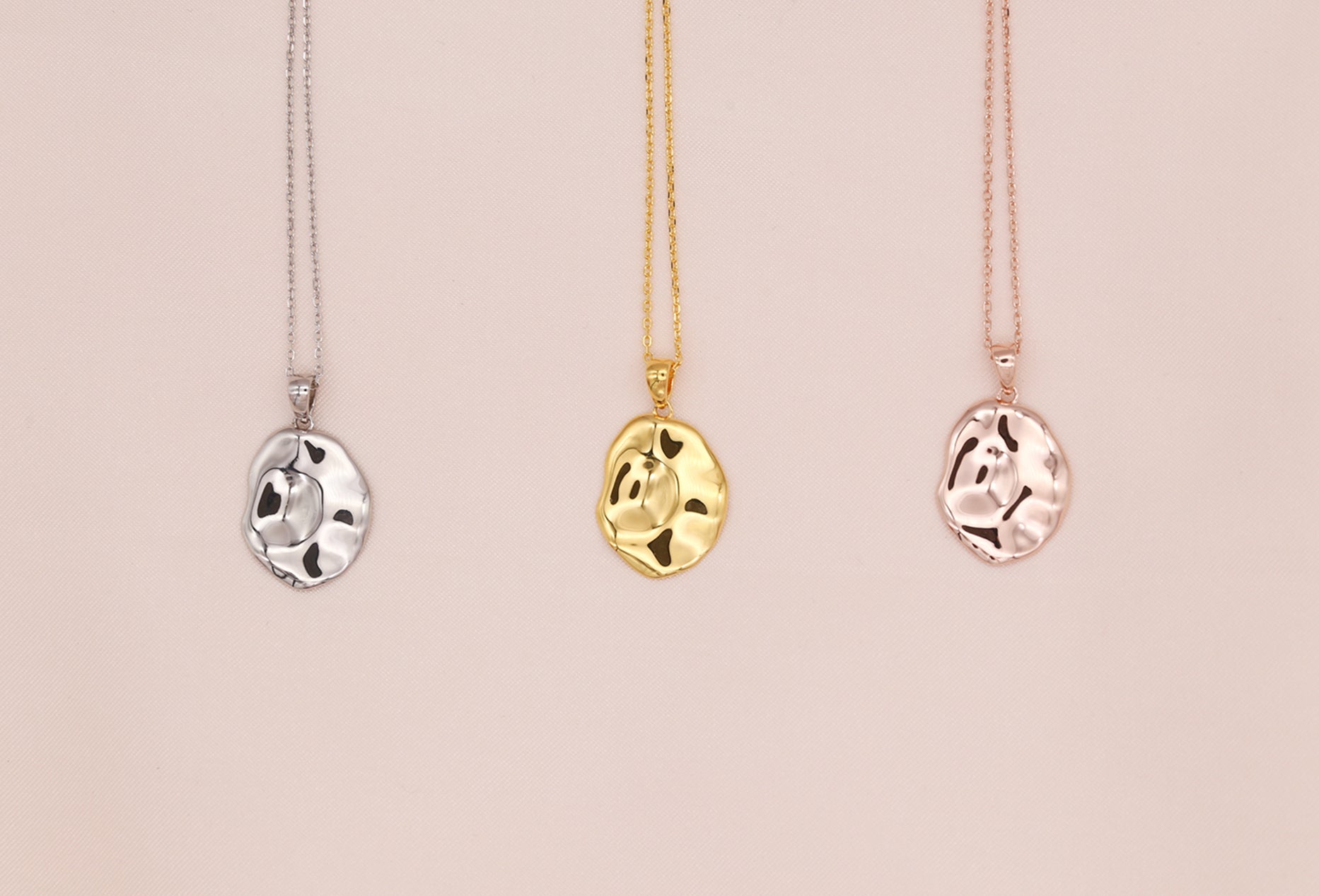 Wavy oval pendant necklace on chain, sterling silver, 18K gold vermeil, rose gold vermeil
